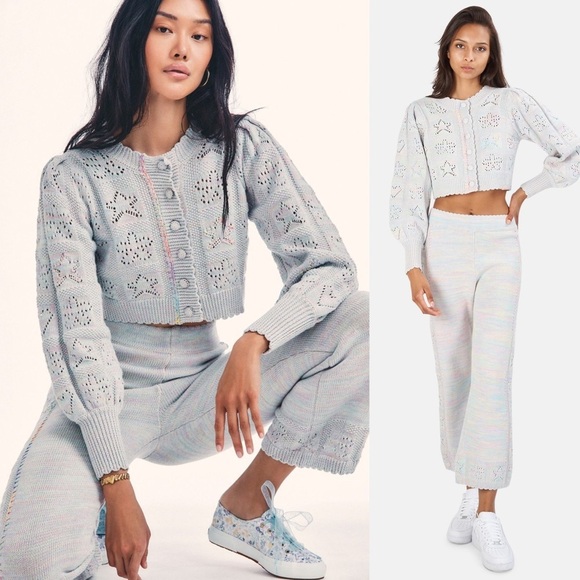 LOVESHACKFANCY Pastel Rainbow Star & Heart Pointelle Cropped Cardigan Sweater L - Picture 3 of 13